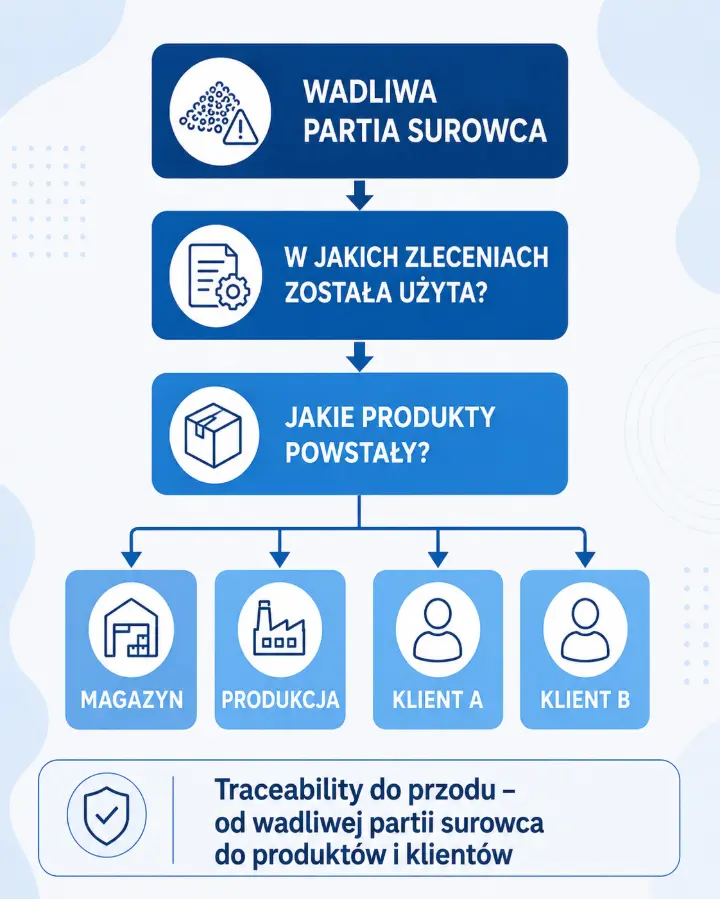 Śledzenie wadliwej partii surowca w Odoo od zlecenia produkcyjnego do magazynu i klientów
