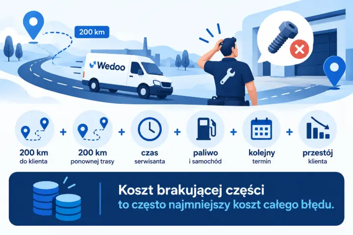 Nieudana wizyta serwisowa – 200 km do klienta, brak części, ponowna trasa, czas serwisanta, paliwo i przestój klienta.